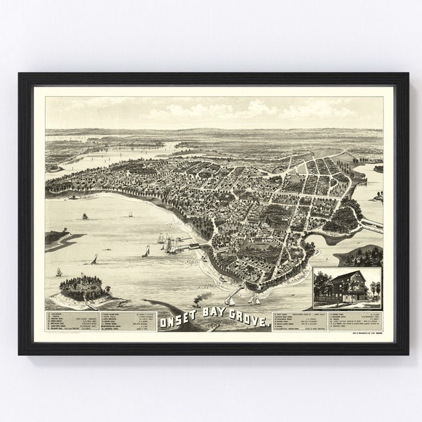 Onset Bay Grove Map 1885 - Old Map of Onset Bay Grove Massachusetts Art Vintage Print Framed Canvas Bird's Eye View Portrait History