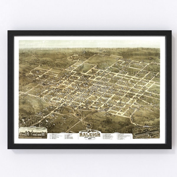 Raleigh Map 1872 - Old Map of Raleigh North Carolina Art Vintage Print Framed Canvas Bird's Eye View Portrait History Genealogy Farmhouse