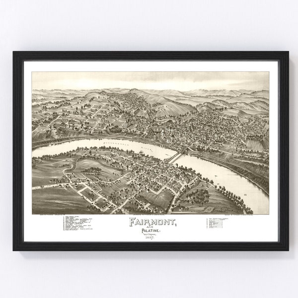 Fairmont & Palatine, West Virginia Vintage Map from 1897 - Old City Map Art Print of Fairmont Palatine, WV - Framed or Canvas