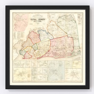 May include: An antique map of Kings and Queens Counties in New York, showing the towns and villages of the area. The map is printed in black and white with colored borders and text. The map is dated 1853.