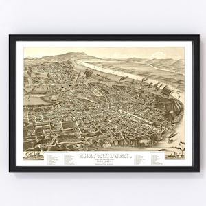 Chattanooga Map 1886 - Old Map of Chattanooga Tennessee Art Vintage Print Framed Canvas Bird's Eye View Portrait History Genealogy