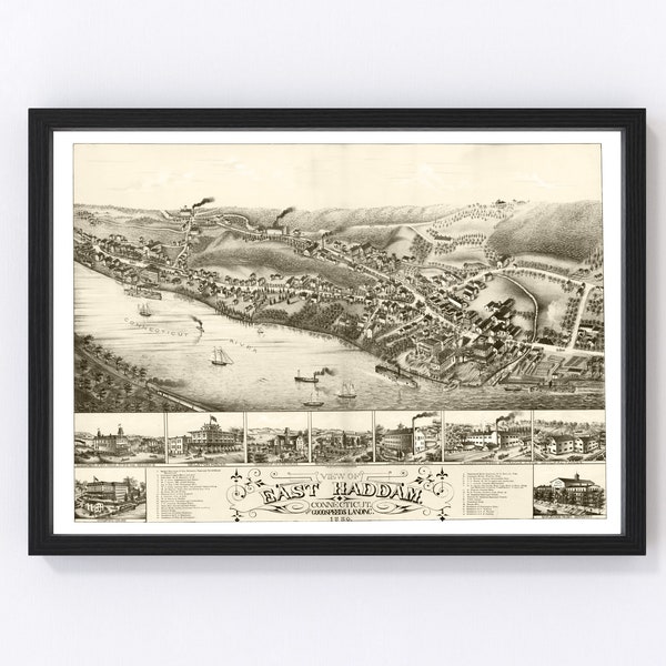 East Haddam Map 1880 - Old Map of East Haddam Connecticut Art Vintage Print Framed Canvas Bird's Eye View Portrait History Genealogy