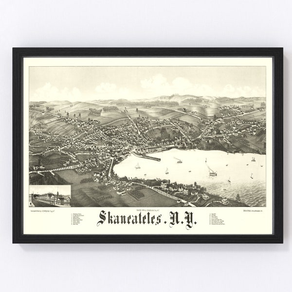 Skaneateles Map 1884 - Old Map of Skaneateles New York Art Vintage Print Framed Canvas Bird's Eye View Portrait History Genealogy