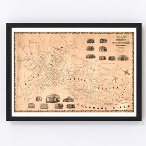 Trenton Map 1849 - Old Map of Trenton New Jersey Art Vintage Print Framed Canvas Bird&#39;s Eye View Portrait History Genealogy Farmhouse Décor