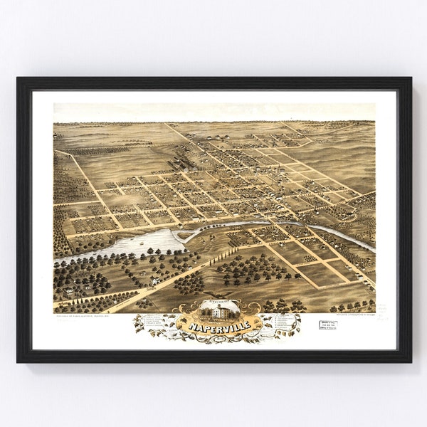 Naperville Map 1869 - Old Map of Naperville Illinois Art Vintage Print Framed Canvas Bird's Eye View Portrait History Genealogy Farmhouse