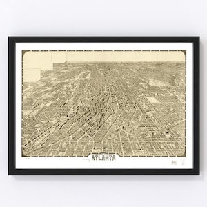 Atlanta Map 1919 - Old Map of Atlanta Georgia Art Vintage Print Framed Canvas Bird&#39;s Eye View Portrait History Genealogy Farmhouse Décor