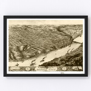 Kansas City Map 1869 - Old Map of Kansas City Missouri Art Vintage Print Framed Canvas Bird&#39;s Eye View Portrait History Genealogy