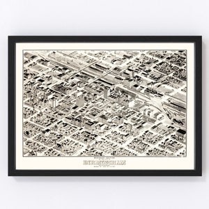 Birmingham Map 1903 - Old Map of Birmingham Alabama Art Vintage Print Framed Canvas Bird&#39;s Eye View Portrait History Genealogy Farmhouse
