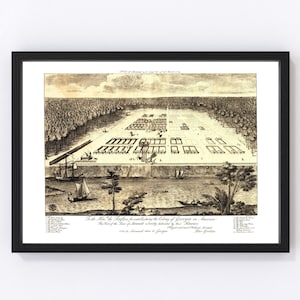 Savannah Map 1734 - Old Map of Savannah Georgia Art Vintage Print Framed Canvas Bird's Eye View Portrait History Genealogy Farmhouse Décor