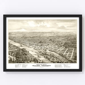 Salem Map 1876 - Old Map of Salem Oregon Art Vintage Print Framed Canvas Bird's Eye View Portrait History Genealogy Farmhouse Décor