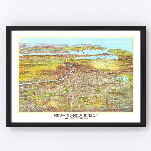 Newark Map 1916 - Old Map of Newark New Jersey Art Vintage Print Framed Canvas Bird's Eye View Portrait History Genealogy Farmhouse Décor