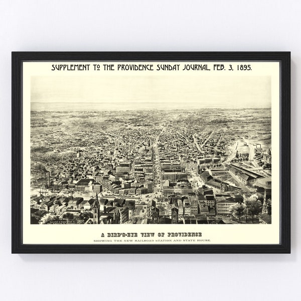 Providence Map 1895 - Old Map of Providence Rhode Island Art Vintage Print Framed Canvas Bird's Eye View Portrait History Genealogy