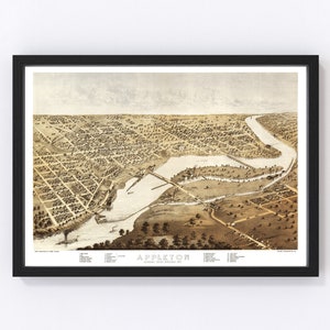 Appleton Map 1867 - Old Map of Appleton Wisconsin Art Vintage Print Framed Canvas Bird&#39;s Eye View Portrait History Genealogy Farmhouse Décor