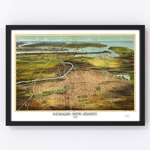 May include: An antique aerial view map of Newark, New Jersey, from 1916. The map shows the city's streets, buildings, and parks in a detailed and colorful illustration. The map is framed in black and has a gold border.