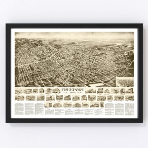 May include: An antique aerial view map of Freeport, Long Island, New York, from 1923. The map shows the layout of the town with streets, buildings, and landmarks. The map is in black and white and has a vintage aesthetic.