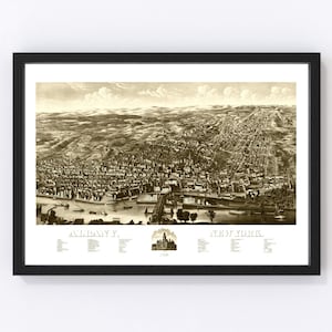 Albany Map 1879 - Old Map of Albany New York Art Vintage Print Framed Canvas Bird's Eye View Portrait History Genealogy Farmhouse Décor