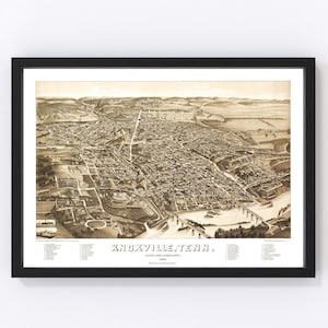 Knoxville Map 1886 - Old Map of Knoxville Tennessee Art Vintage Print Framed Canvas Bird&#39;s Eye View Portrait History Genealogy Farmhouse