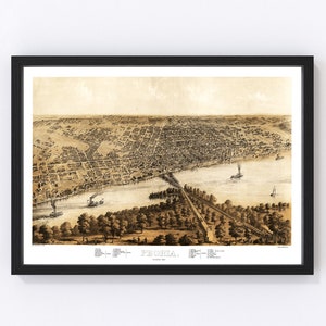Peoria Map 1867 - Old Map of Peoria Illinois Art Vintage Print Framed Canvas Bird&#39;s Eye View Portrait History Genealogy Farmhouse Décor