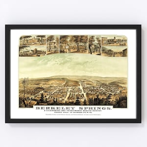Berkeley Springs Map 1889 - Old Map of Berkeley Springs Virginia Art Vintage Print Framed Canvas Bird&#39;s Eye View Portrait History