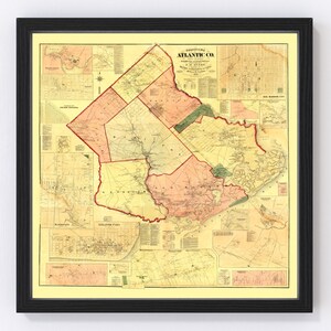Atlantic County New Jersey Map 1872 - Old Map of Atlantic County New Jersey Art Vintage Print Framed Canvas Portrait History Genealogy