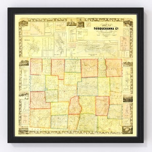 Susquehanna County Map 1858, Vintage Susquehanna County Map, Old Susquehanna County Pennsylvania Art, Wall Art Gift for Susquehanna County H