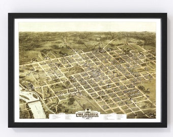 Columbia Map 1872 - Old Map of Columbia South Carolina Art Vintage Print Framed Canvas Bird's Eye View Portrait History Genealogy