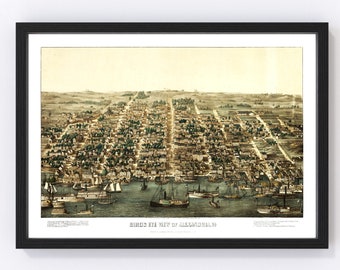 Alexandria Map 1863 - Old Map of Alexandria Virginia Art Vintage Print Framed Canvas Bird&#39;s Eye View Portrait History Genealogy Farmhouse