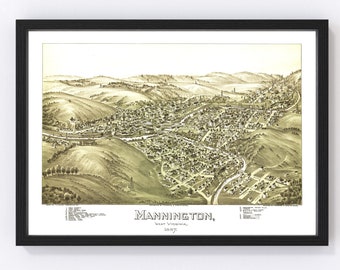 Mannington Map 1897, Vintage Mannington Map, Old Mannington West Virginia Art, Wall Art Gift for Mannington History Lovers Retro Decor