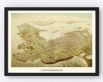 Newport Map 1878 - Old Map of Newport Rhode Island Art Vintage Print Framed Canvas Bird's Eye View Portrait History Genealogy Farmhouse