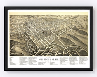 May include: A vintage bird's-eye view map of Winston-Salem, North Carolina, from 1891. The map shows the city's streets, buildings, and parks. The map is in black and white and has a sepia tone.