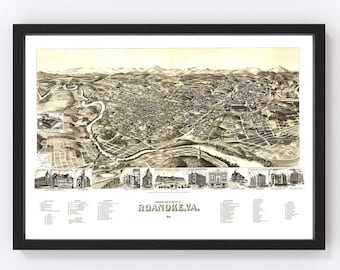 Roanoke Map 1891 - Old Map of Roanoke Virginia Art Vintage Print Framed Canvas Bird's Eye View Portrait History Genealogy Farmhouse Décor