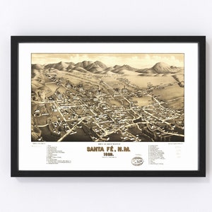 Santa Fe Map 1882 - Old Map of Santa Fe New Mexico Art Vintage Print Framed Canvas Bird&#39;s Eye View Portrait History Genealogy Farmhouse
