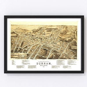 Durham Map 1891 - Old Map of Durham North Carolina Art Vintage Print Framed Canvas Bird&#39;s Eye View Portrait History Genealogy Farmhouse