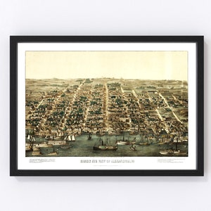 Alexandria Map 1863 - Old Map of Alexandria Virginia Art Vintage Print Framed Canvas Bird&#39;s Eye View Portrait History Genealogy Farmhouse