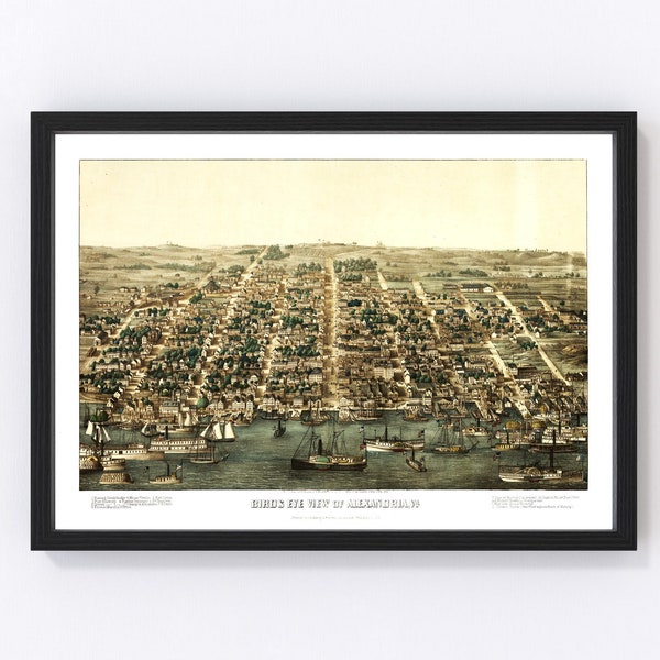 Alexandria Map 1863 - Old Map of Alexandria Virginia Art Vintage Print Framed Canvas Bird's Eye View Portrait History Genealogy Farmhouse