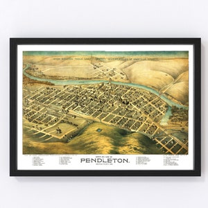May include: An antique bird's eye view map of Pendleton, Umatilla County, Oregon. The map shows the town's layout with streets, buildings, and the Umatilla River. The text "HIGH ROLLING TABLE LANDS FAMOUS WHEAT FIELDS OF UMATILLA COUNTY" is at the top of the map.
