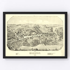 Madison Map 1881 - Old Map of Madison Connecticut Art Vintage Print Framed Canvas Bird's Eye View Portrait History Genealogy Farmhouse Décor