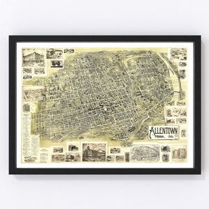 Allentown Map 1901 - Old Map of Allentown Pennsylvania Art Vintage Print Framed Canvas Bird&#39;s Eye View Portrait History Genealogy