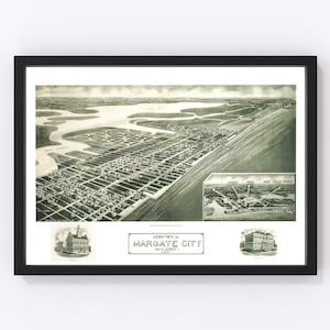 Margate City Map 1925 - Old Map of Margate City New Jersey Art Vintage Print Framed Canvas Bird&#39;s Eye View Portrait History Genealogy