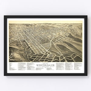 Winston-Salem Map 1891 - Old Map of Winston-Salem North Carolina Art Vintage Print Framed Canvas Bird&#39;s Eye View Portrait History