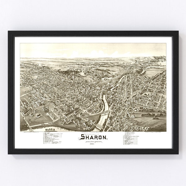 Sharon Map 1901 - Old Map of Sharon Pennsylvania Art Vintage Print Framed Canvas Bird's Eye View Portrait History Genealogy Farmhouse Décor