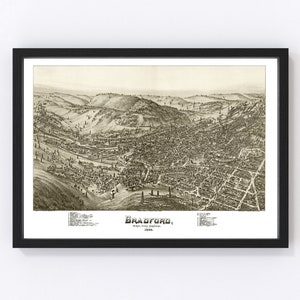 Bradford Map 1895 - Old Map of Bradford Pennsylvania Art Vintage Print Framed Canvas Bird&#39;s Eye View Portrait History Genealogy Farmhouse