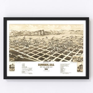 Gunnison Map 1882 - Old Map of Gunnison Colorado Art Vintage Print Framed Canvas Bird&#39;s Eye View Portrait History Genealogy Farmhouse Décor