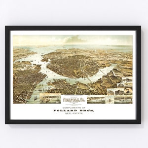 Norfolk Map 1892 - Old Map of Norfolk Virginia Art Vintage Print Framed Canvas Bird's Eye View Portrait History Genealogy Farmhouse Décor
