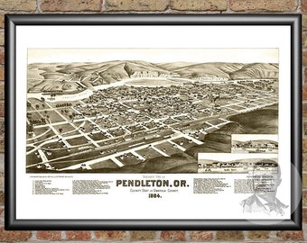 1884 Pendleton Oregon Vintage Old Panoramic City Map 24x36