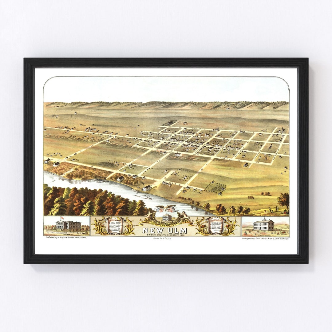 New Ulm Map 1870 Old Map of New Ulm Minnesota Art Vintage Print Framed