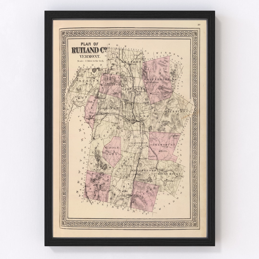 Vt Rutland Count Rutland County VT Map 1876 Old Map of Rutland Vermont Art Vintage Print ...