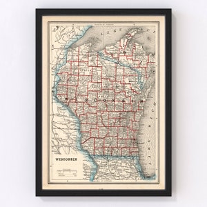 Wisconsin Map 1893 - Old Map of Wisconsin Art Vintage Print Framed Wall Art Canvas Portrait WI History Genealogy Farmhouse Décor