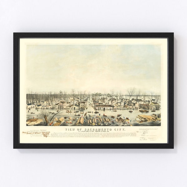 Sacramento Map 1850 - Old Map of Sacramento California Art Vintage Print Framed Canvas Birds Eye View Portrait History Genealogy Farmhouse