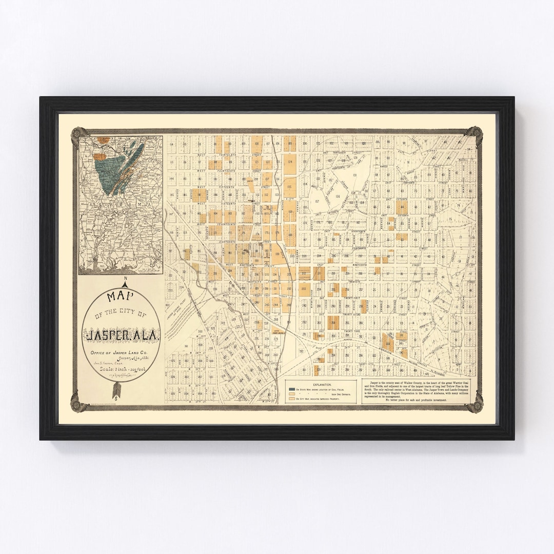 Jasper Map 1891 Old Map of Jasper Alabama Art Vintage Print Framed